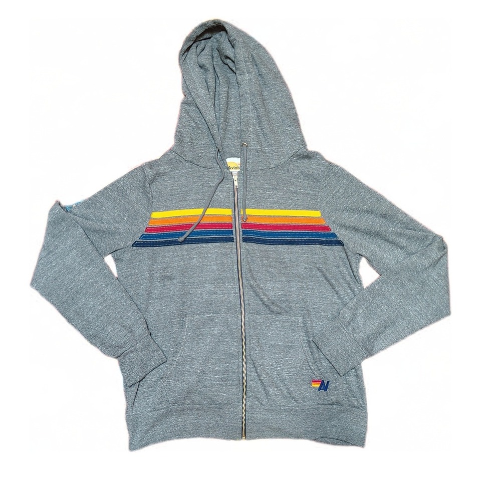 Aviator Nation Rainbow 5 Stripe Heather Gray Full Zip Up Hoodie Large Unisex